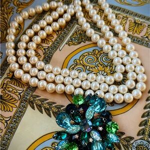 Elegant Vintage Multi strand faux pearl necklace with 2.5” lava glass brooch.